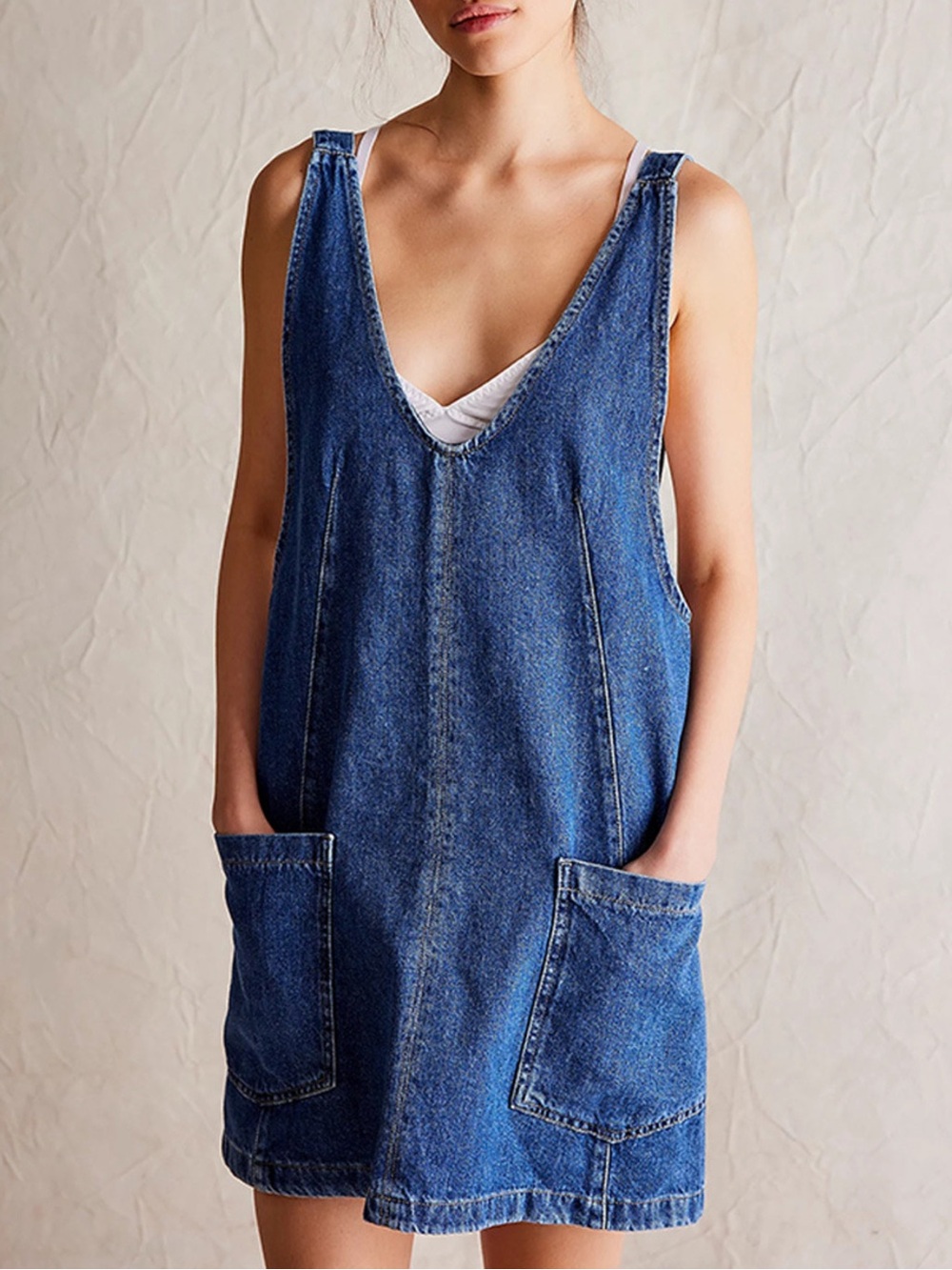 🩵 Oversized V-Neck Denim Tank Dress with Front Pockets - Dark Wash